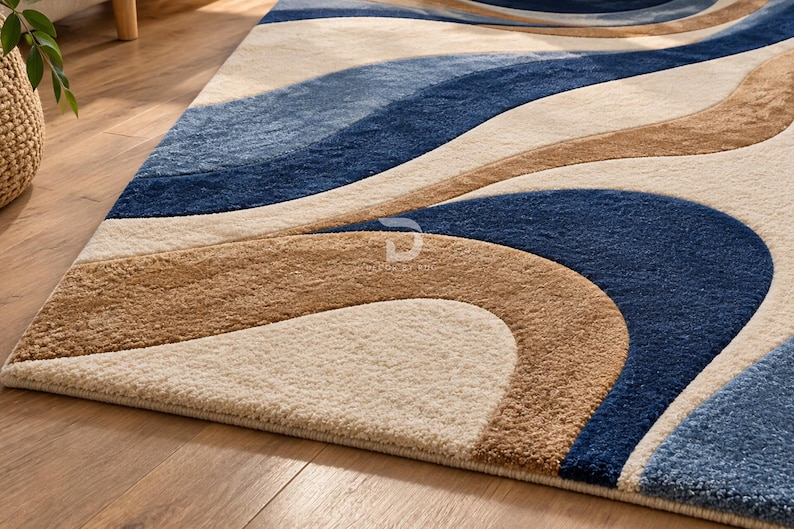 Handmade Tufted Wool Area Rug, Abstract Blue Beige Geometric Design ...