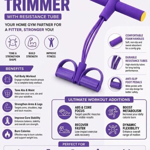 May include: A purple tummy trimmer exercise device with a T-shaped foam handle, two resistance tubes, and two foot pedals. The image includes text labels such as Tummy Trimmer, Benefits, and Ultimate Workout Additions, along with icons.