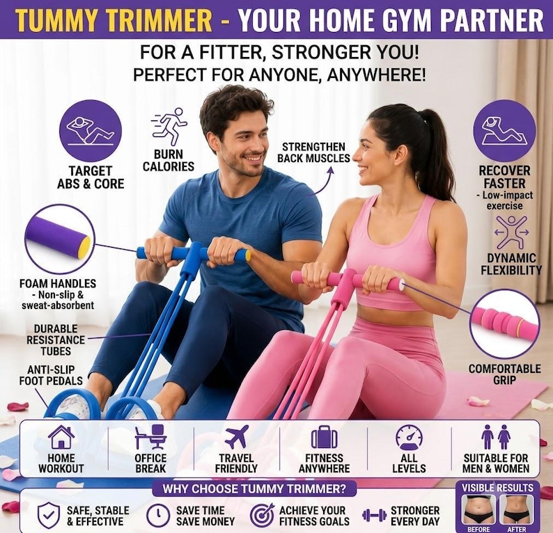 May include: A tummy trimmer exercise device featuring blue and pink foam handles, durable resistance tubes, and anti-slip foot pedals. The image includes text labels such as Tummy Trimmer, Your Home Gym Partner, Target Abs & Core, and Burn Calories.
