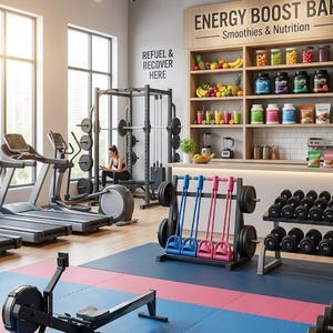 May include: A gym interior featuring a rowing machine, treadmills, a power rack, and a rack of dumbbells. An Energy Boost Bar with shelves of supplements and fruit is visible. Text on the wall reads "REFUEL & RECOVER HERE" and "ENERGY BOOST BAR".