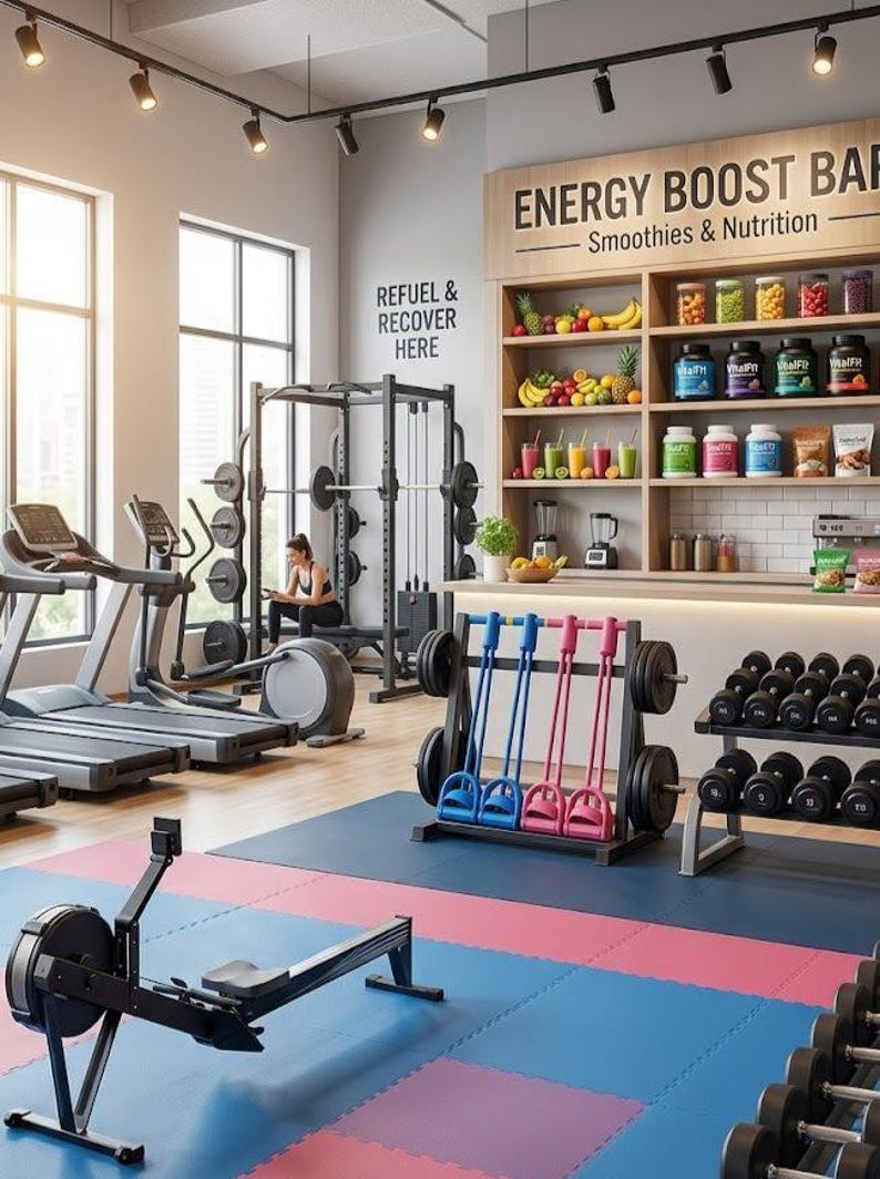May include: A gym interior featuring a rowing machine, treadmills, a power rack, and a rack of dumbbells. An Energy Boost Bar with shelves of supplements and fruit is visible. Text on the wall reads "REFUEL & RECOVER HERE" and "ENERGY BOOST BAR".