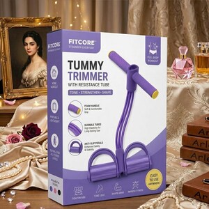 May include: A purple Fitcore tummy trimmer with resistance tube in its retail box. The packaging features the text Tummy Trimmer with Resistance Tube, Tone, Strengthen, Shape, and diagrams showing foam handles, durable tubes, and anti-slip pedals.