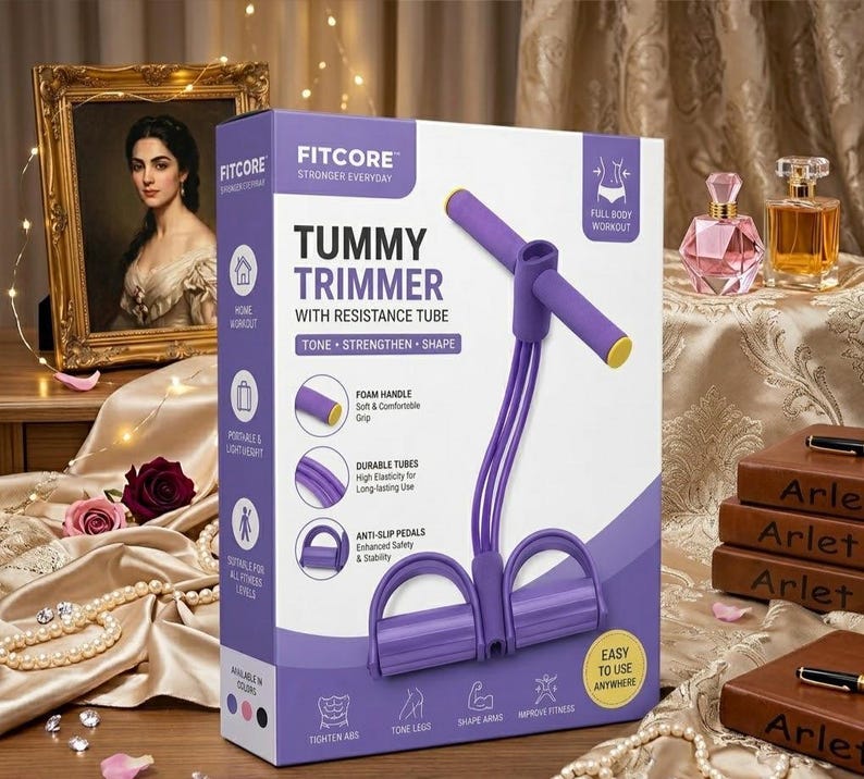 May include: A purple Fitcore tummy trimmer with resistance tube in its retail box. The packaging features the text Tummy Trimmer with Resistance Tube, Tone, Strengthen, Shape, and diagrams showing foam handles, durable tubes, and anti-slip pedals.