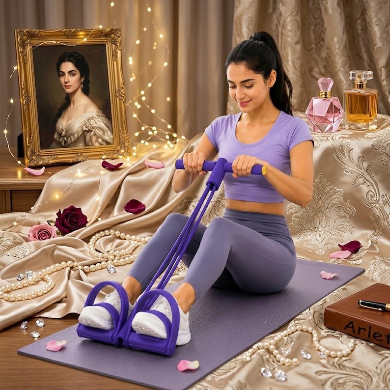 May include: A purple resistance exercise tool with a T-shaped handle and two foot pedals connected by elastic tubes. The device features a foam-padded grip and adjustable foot straps, designed for seated rowing or stretching exercises on a mat.