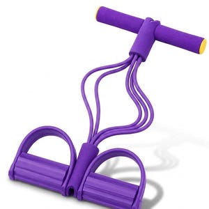 May include: A purple resistance exercise tool featuring a T-shaped handle with yellow end caps and two foot pedals connected by four elastic tubes. The handles and pedals are covered in a textured foam material for grip during physical activity.
