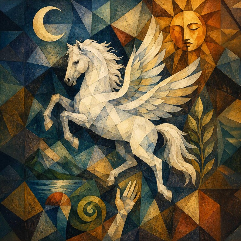 May include: A geometric illustration of a white Pegasus horse with outstretched wings, set against a backdrop of a crescent moon and a sun with a face. The artwork features a mosaic-like design with a color palette of blues, golds, and browns.