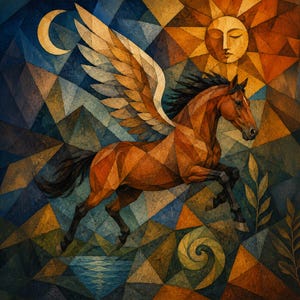 May include: A geometric painting of a brown winged horse, a Pegasus, flying through a mosaic sky. The background features a crescent moon and a sun with a serene face. The artwork uses warm earth tones and cool blues.