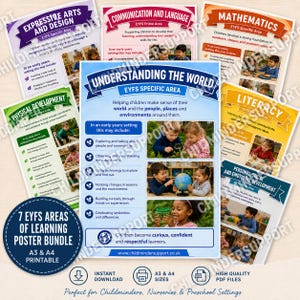 May include: A bundle of seven educational posters for early years learning, featuring topics like mathematics, literacy, and physical development. Each poster has colorful designs and images of children, with the text "EYFS Specific Area" and "A3 & A4 Printable".