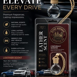 Puede incluir: Anuncio de ambientadores para coche. La imagen presenta un frasco de vidrio transparente con una tapa de madera y un cordón para colgar. El embalaje incluye el texto "ELEVATE EVERY DRIVE" y "LEATHER SCENT". El producto está diseñado para cualquier vehículo.