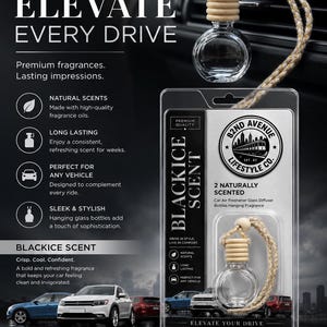 Op de afbeelding: Glazen auto luchtverfrisser met een houten dop en een gevlochten koord. De verpakking toont "Black Ice Scent" en "Elevate Every Drive". Het product is ontworpen om in een voertuig te hangen en is van 82nd Avenue Lifestyle Co.