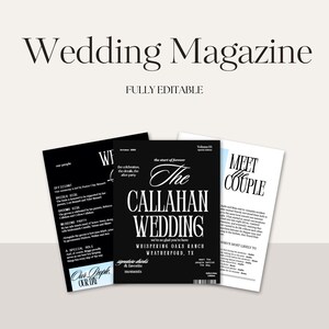 以下が含まれることがあります： 「Wedding Magazine」と「FULLY EDITABLE」の文字が上部に配置されたウェディングマガジンのデザイン。 「The Callahan Wedding」と「Meet the Couple」の文字が書かれた3つの雑誌ページが見えます。 ページは白黒です。