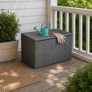 Panier de rangement en rotin synthétique avec couvercle – Coffre de rangement extérieur en osier 110 L