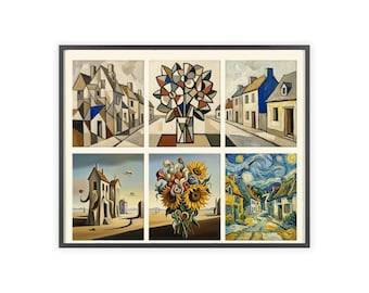 Gerahmtes kubistisches Dorf-Blumenkunst-Set, Vintage-Wanddruck der europäischen Galerie