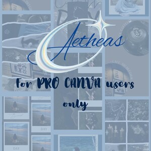 Peut inclure: Un collage bleu et blanc avec le mot "Aetheas" dans une police stylisée. Le texte "For PRO CANVA users only" est également présent. Le collage comprend des images de l'océan, du café et d'une personne.