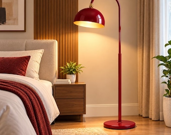 Burgunderrote Bogenstehleuchte, Stehleuchte aus Messing im Mid-Century-Modern-Stil, goldener Lampenschirm