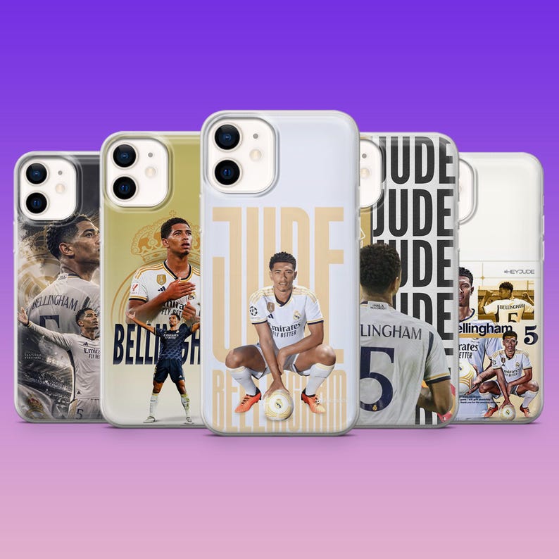 May include: Five smartphone cases featuring Jude Bellingham in various poses and team uniforms. The designs include the player in white and dark kits, with text overlays reading JUDE, BELLINGHAM, and the number 5, set against a purple background.