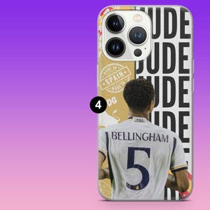 May include: A smartphone case featuring a graphic of a footballer wearing a white jersey with the name BELLINGHAM and the number 5 on the back. The design includes the repeated text JUDE, a circular stamp reading MADE IN SPAIN, and a small number 4.