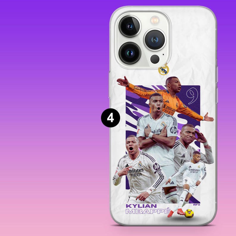 K&ouml;nnte beinhalten: Eine wei&szlig;e Smartphone-H&uuml;lle mit einer Collage von Kylian Mbapp&eacute; in Real Madrid Trikots. Das Design zeigt den Spieler in verschiedenen Posen, die Nummer 9, das Real Madrid Wappen und den Text KYLIAN MBAPP&Eacute; in violetter Schrift unten.