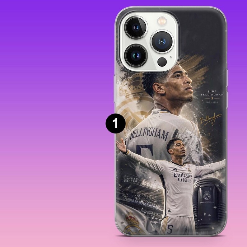 May include: A smartphone case featuring a graphic print of footballer Jude Bellingham. The design includes a large portrait, a full-body image of the player in a white jersey with the number 5, and text reading Jude Bellingham 5.