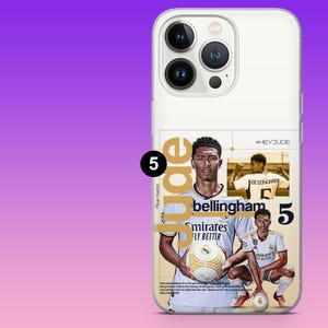 May include: A white smartphone case featuring a collage of Jude Bellingham in a Real Madrid football kit. The design includes the text Jude, Bellingham, #HEYJUDE, the number 5, and Emirates Fly Better. The player is shown holding a football.