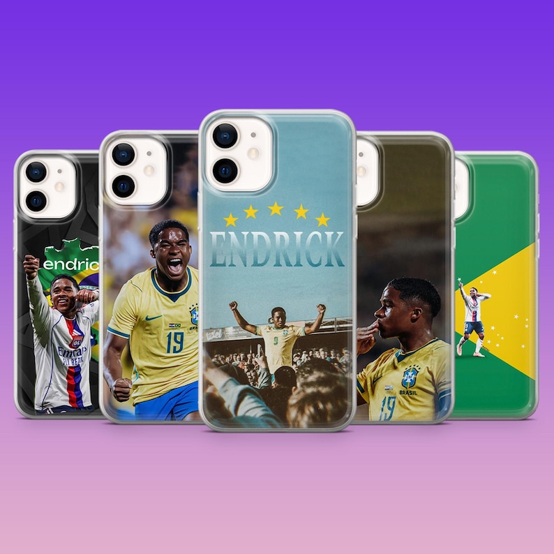 May include: Five clear smartphone cases featuring various photographic prints of a soccer player. The designs include the player in yellow and white jerseys, the name ENDRICK in white text with five yellow stars, and a green and yellow flag graphic.