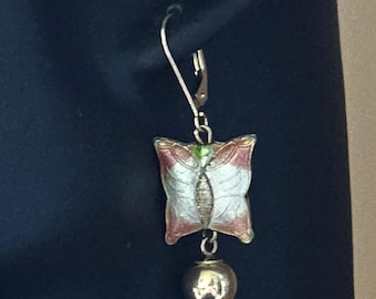 Vintage 14K Gold Butterfly Earrings Hand Enameled Pink White Green Leverbacks | Cottagecore Jewelry | Art Nouveau Inspired
