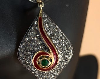 Vintage indische Polki Diamant Ohrringe 2,5 ”Rubin Emaille Meenakari Silber Messing Statement