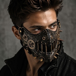May include: A steampunk-style mask with a distressed, dark brown leather appearance. The mask features brass-colored gears, spikes, and metal accents. It has a strap for securing around the head, and is designed to cover the lower half of the face.