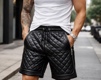 Men’s Black Genuine Leather Shorts – Quilted Biker Leather Shorts with Zipper Pockets Streetwear Luxury Designer Shorts