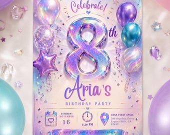 Holographic 8th Birthday Invitation, Iridescent Sparkle Party Invite, Editable Canva Template, Girls Birthday Instant Download