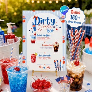 May include: A Dirty Soda bar sign featuring 4th of July graphics, drink recipes for Rocket Pop Blast, Freedom Float, and Liberty Limeade, and a bonus 180+ drink recipes label. The sign is displayed with red, white, and blue themed party supplies.