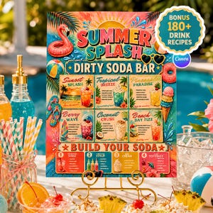 Dirty Soda Bar Menu Sign, Summer Splash Dirty Soda Bar Printable, Editable Canva Template, 180+ Drink Recipes Download