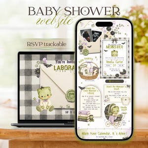 May include: A digital baby shower website template displayed on a laptop and smartphone screen. The design features a Frankenstein-themed monster motif with green, black, and white colors, including text like "We created a little MONSTER" and "RSVP trackable".