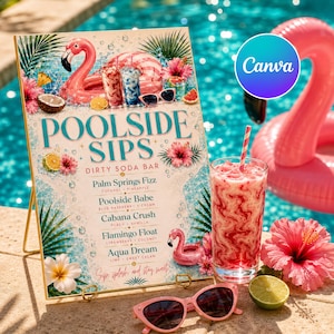 Menyskylt för smutsig sodabar, poolparty, flamingo, tropisk drinkstation, sommarluau, möhippa, Canva-mall