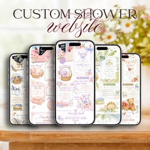 May include: Five smartphones displaying custom baby shower website templates with various themes including butterflies, teddy bears, and floral illustrations. Each screen features event details, registry links, and RSVP sections with soft pastel color palettes.
