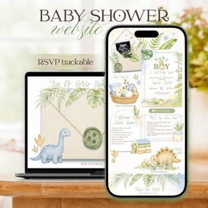 May include: A digital baby shower website template displayed on a laptop and smartphone screen. The design features watercolor illustrations of dinosaurs, tropical leaves, and an envelope with a wax seal. Text includes BABY SHOWER, RSVP trackable, and event details.