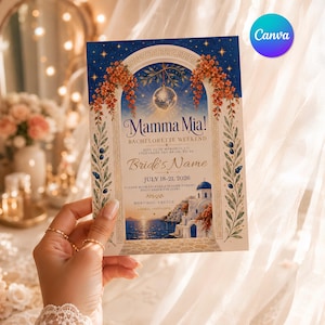 Puede incluir: Una invitación de despedida de soltera con el texto "Mamma Mia!" en una fuente decorativa. La invitación presenta una escena de isla griega con una bola de discoteca, flores naranjas y el texto "Bride's Name" y "July 18-21, 2026".