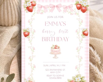 Berry First Birthday Invitation Editable 1st Birthday Girl Invite Strawberry 1st Birthday Invitation Gingham Editable Canva Digital Download