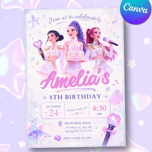 May include: A rectangular birthday invitation card featuring three illustrated figures in white and gold outfits, one holding a cake. Text includes Join us to celebrate, Amelia's 8TH BIRTHDAY, October 24, 4:30 PM, Huntrix Hall, 245 Main St, Apt 3B, Springfield, IL 62704, and RSVP to (304) 333-3257.