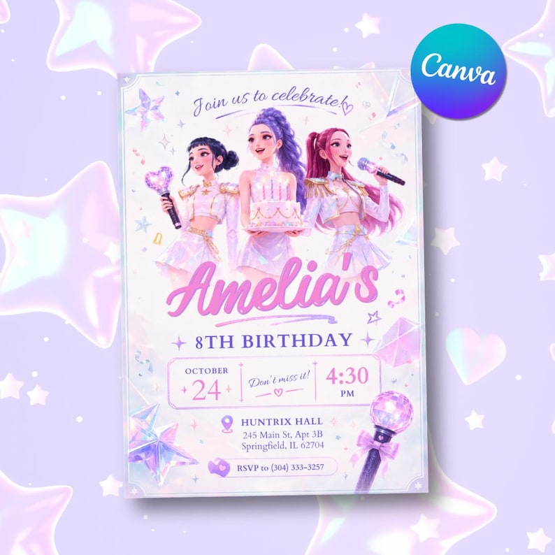 May include: A rectangular birthday invitation card featuring three illustrated figures in white and gold outfits, one holding a cake. Text includes Join us to celebrate, Amelia's 8TH BIRTHDAY, October 24, 4:30 PM, Huntrix Hall, 245 Main St, Apt 3B, Springfield, IL 62704, and RSVP to (304) 333-3257.