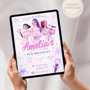 May include: A digital birthday invitation for Amelia's 8th birthday party featuring three illustrated performers in white and pink outfits. The design includes stars, crystals, light sticks, and text details for October 24th at 4:30 PM at Huntrix Hall.