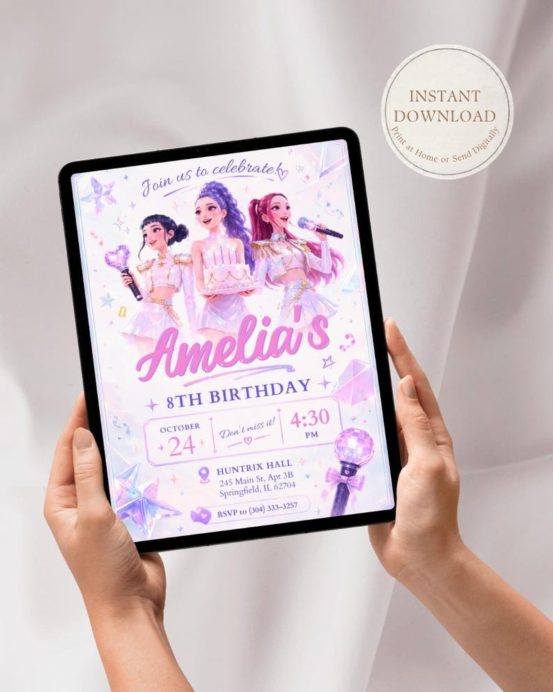 May include: A digital birthday invitation for Amelia's 8th birthday party featuring three illustrated performers in white and pink outfits. The design includes stars, crystals, light sticks, and text details for October 24th at 4:30 PM at Huntrix Hall.