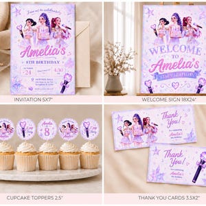 May include: A collection of purple K-pop themed party stationery including a 5x7 inch invitation, an 18x24 inch welcome sign, 2.5 inch cupcake toppers, and 3.5x2 inch thank you cards, all featuring illustrations of three performers and light sticks.