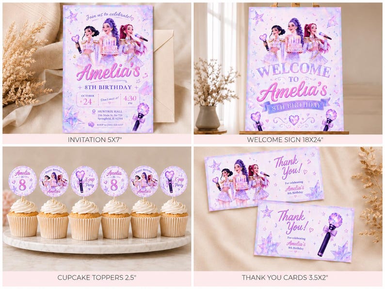 May include: A collection of purple K-pop themed party stationery including a 5x7 inch invitation, an 18x24 inch welcome sign, 2.5 inch cupcake toppers, and 3.5x2 inch thank you cards, all featuring illustrations of three performers and light sticks.
