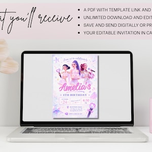 May include: A laptop screen displaying a digital birthday invitation template featuring three illustrated characters in white outfits, the text Amelia's 8th Birthday, and event details. The top text reads What you'll receive, A PDF with template link and instruction, Unlimited download and edit, Save and send digitally or print, Your editable invitation in Canva (5x7).