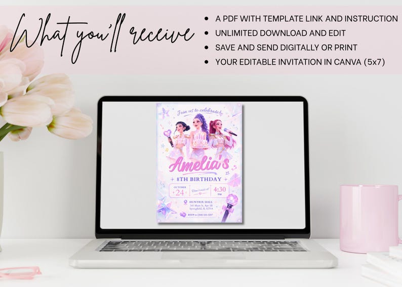 May include: A laptop screen displaying a digital birthday invitation template featuring three illustrated characters in white outfits, the text Amelia's 8th Birthday, and event details. The top text reads What you'll receive, A PDF with template link and instruction, Unlimited download and edit, Save and send digitally or print, Your editable invitation in Canva (5x7).