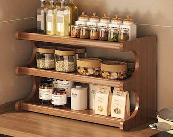 Wooden Spice Rack Organizer 3 Tier Kitchen Counter Shelf Bamboo Storage Rack for Condiments Jars Kitchen Organizer
