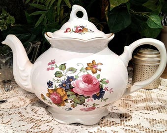 Vintage Arthur Wood & Son Teapot 6453 Staffordshire England White Porcelain Floral Bouquet Pink Rose Cottagecore Tea Pot 24k Gold Trim Grand