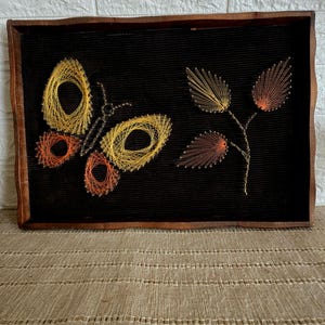 Vintage String Art Butterfly and Leaves Wall Hanging 1970s Mid Century Modern Thread Nail Art Framed Retro Boho Corduroy Home Decor