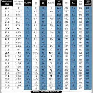 May include: A black and white shoe size conversion chart titled Imperial Leather Shoes. The chart displays foot length in centimeters and inches alongside corresponding international shoe sizes, including US, UK, EU, and others, with instructional diagrams.
